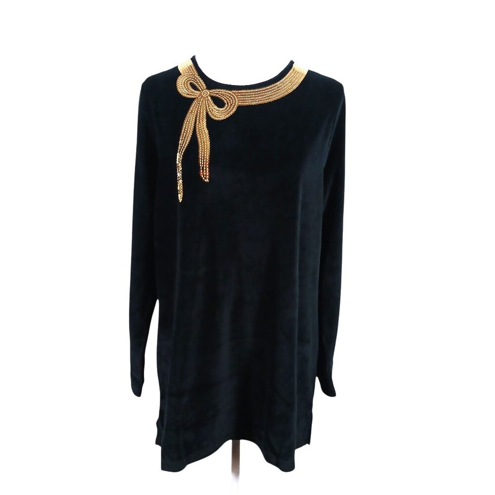 Quaker Factory Black Velour Tunic Top W/ Gold Sequin Ribbon Neckline Holiday MED
